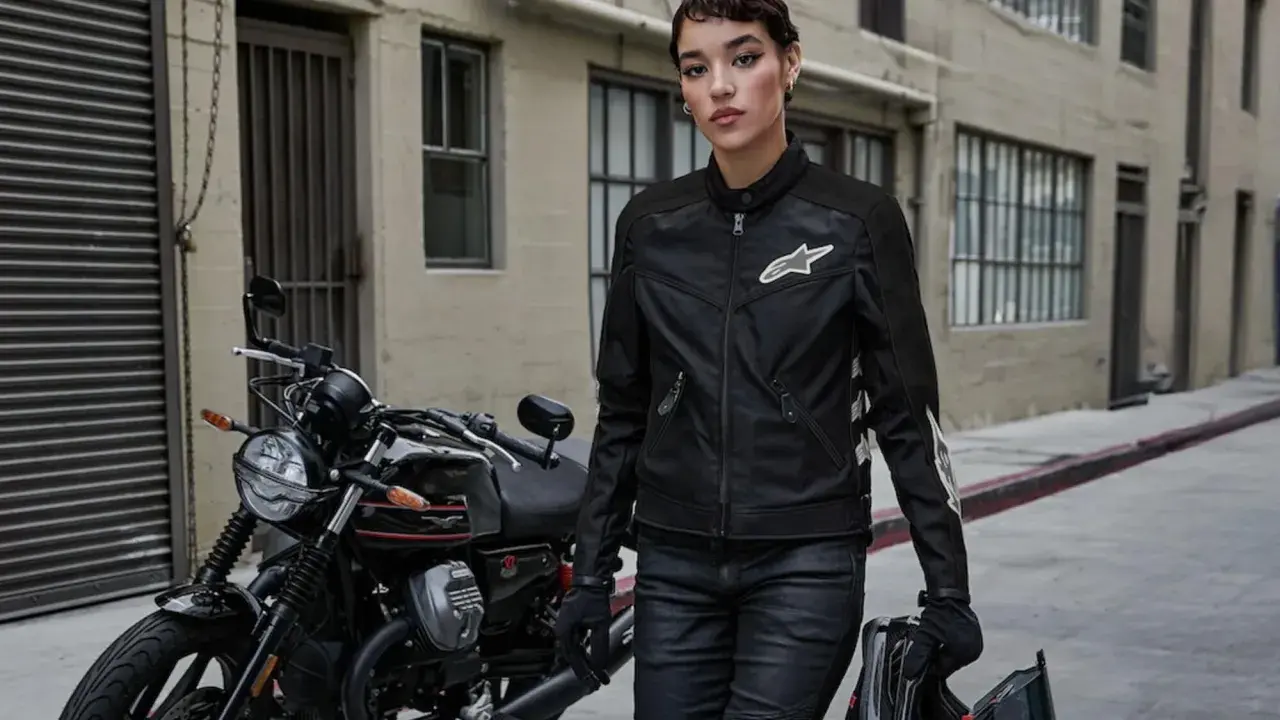 Donna con giacca e jeans da moto, pronta per partire. L'abbigliamento obbligatorio moto garantisce sicurezza e stile.