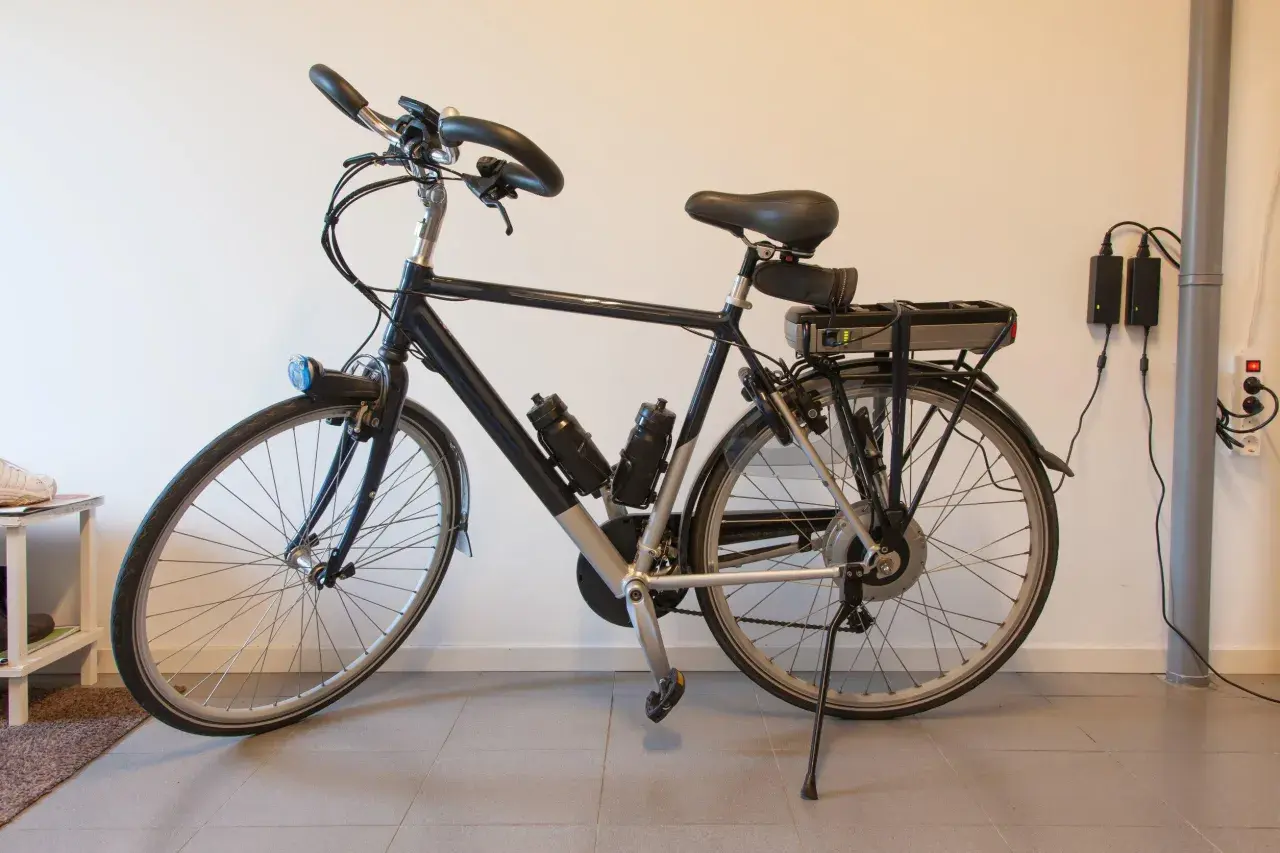 Bici elettrica ferma, la batteria non si carica. Due alimentatori collegati al muro, ma la luce verde sulla batteria è spenta.
