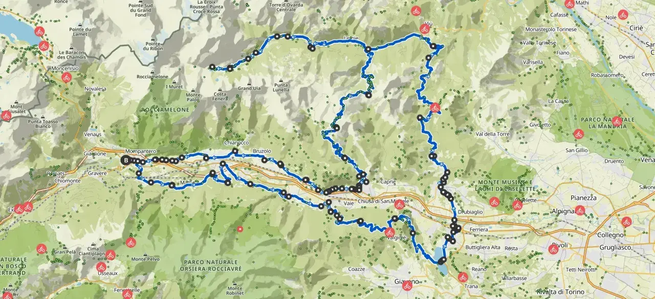 Mappa cicloturistica con percorso blu che attraversa montagne, valli e paesi come Viù e Usseaux. Il **colle Braida** è un punto di riferimento in questa avventura su due ruote.