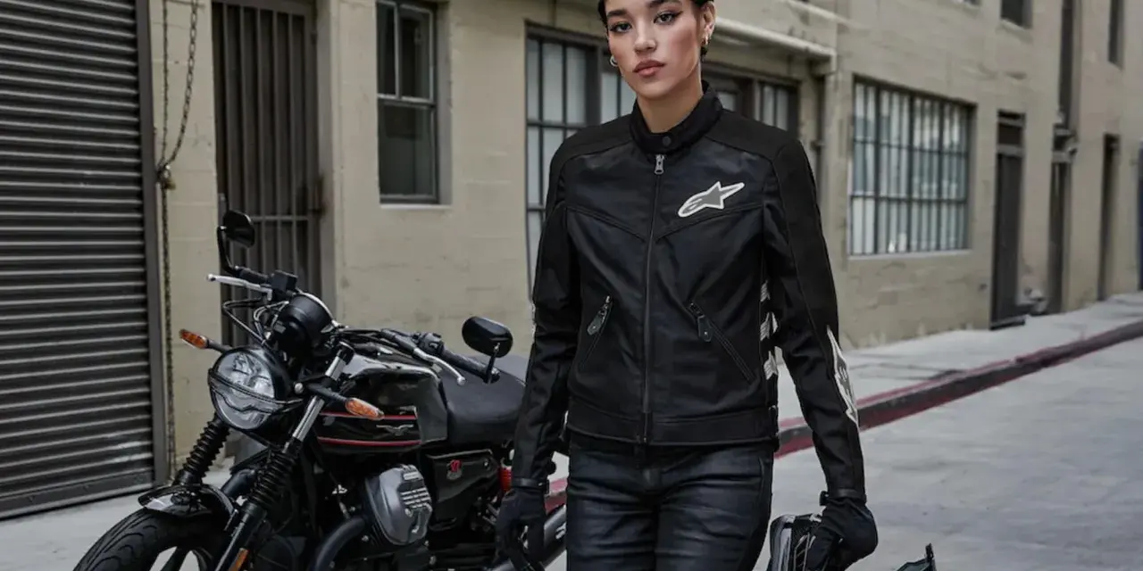 Donna con giacca e jeans da moto, pronta per partire. L'abbigliamento obbligatorio moto garantisce sicurezza e stile.