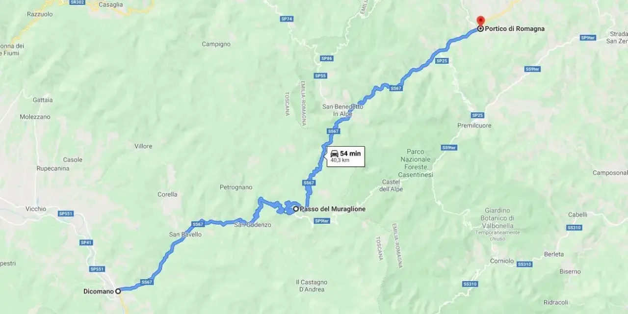 Mappa mostra un percorso da Dicomano a Portico di Romagna, passando per il Passo del Muraglione. Durata stimata 54 minuti per 40,3 km.