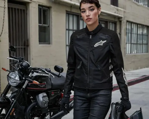 Donna con giacca e jeans da moto, pronta per partire. L'abbigliamento obbligatorio moto garantisce sicurezza e stile.