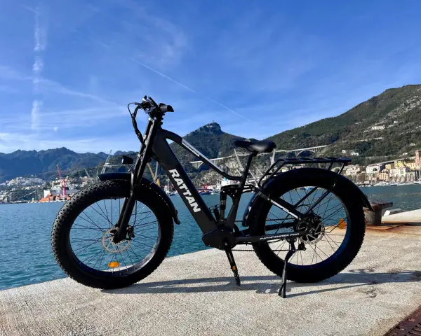 Bici Rattan con pneumatici larghi, ideale per esplorare la costa. L'autonomia della bici pedalata assistita ti porterà ovunque.