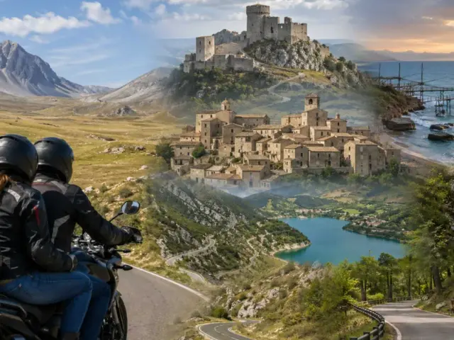 Coppia in moto esplora il **Passo del Diavolo in Abruzzo**: montagne, borghi medievali, mare con trabocchi e cascate.