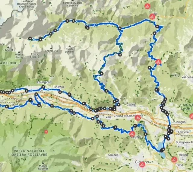 Mappa cicloturistica con percorso blu che attraversa montagne, valli e paesi come Viù e Usseaux. Il **colle Braida** è un punto di riferimento in questa avventura su due ruote.