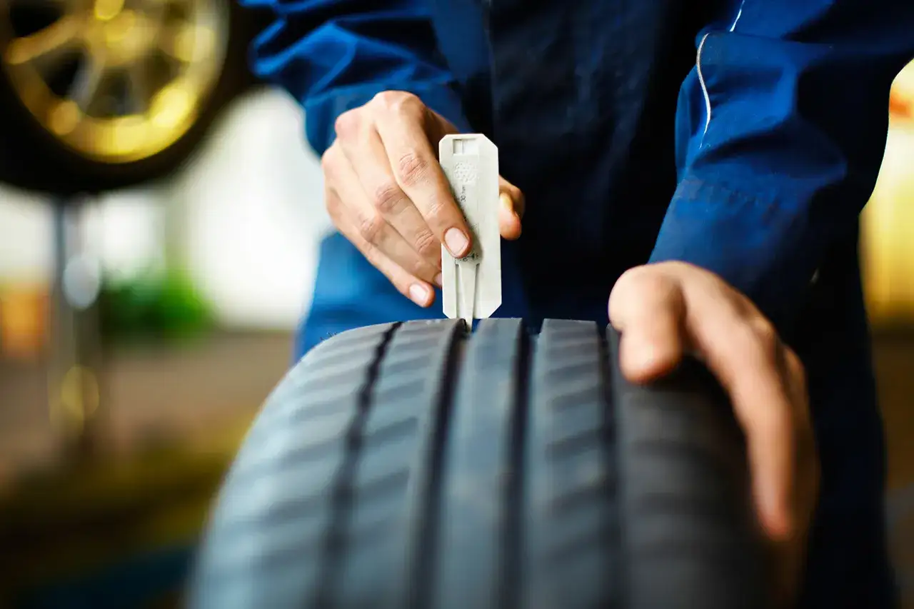 Meccanico controlla il battistrada minimo moto con calibro. Sicurezza prima di tutto!