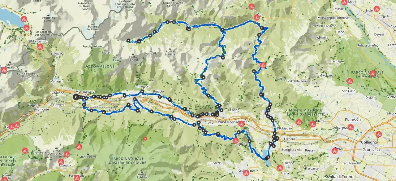 Mappa ciclabile con percorso blu che attraversa montagne e valli, passando per località come Viù e il colle Braida.