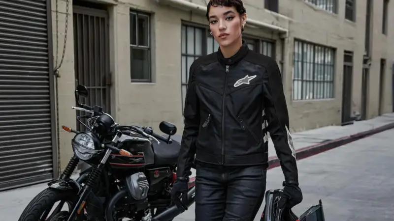 Donna con giacca e jeans da moto, pronta per partire. L'abbigliamento obbligatorio moto garantisce sicurezza e stile.