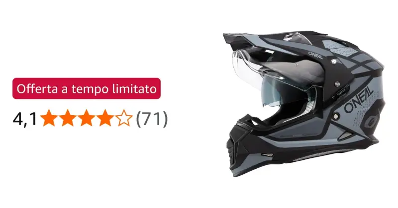 Casco O'Neal Sierra grigio e nero, con visiera trasparente e grafica moderna. Ideale per avventure off-road.