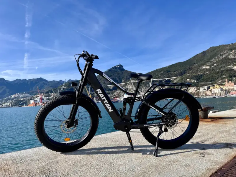 Bici Rattan con pneumatici larghi, ideale per esplorare la costa. L'autonomia della bici pedalata assistita ti porterà ovunque.