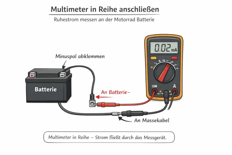 Misurazione del voltaggio batteria moto a riposo: un multimetro collegato in serie alla batteria mostra 0.02 mA.